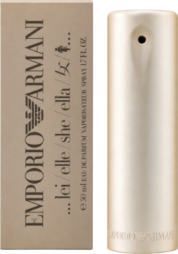 Emporio Armani Lei/Elle/She/Ella 50ml EDP. Złoty flakon i beżowe pudełko stoją obok siebie na jasnym tle.