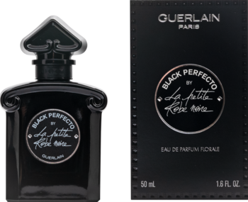 Czarne perfumy Guerlain La Petite Robe Noire Black Perfecto EDP 50ml, butelka i pudełko, widok z przodu.