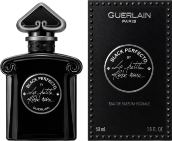 Guerlain La Petite Robe Noire Black Perfecto, czarna, ozdobna butelka perfum i teksturyzowane pudełko, widok z przodu.