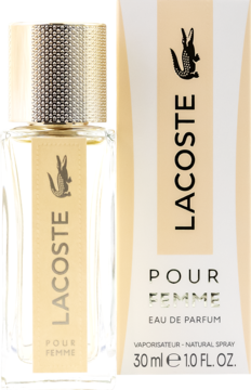 Woda perfumowana Lacoste Pour Femme 30ml, butelka ze złotym korkiem i beżowe opakowanie, widok z przodu.