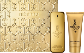Złoty zestaw Paco Rabanne 1 Million dla mężczyzn: woda toaletowa 100ml, żel pod prysznic 100ml, pudełko z wzorem.