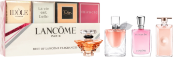Zestaw Lancôme z czterema miniaturowymi perfumami: Trésor, Idôle, La Vie Est Belle, Miracle, widok z przodu.