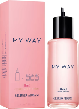 Różowy Giorgio Armani My Way Floral Eau de Parfum Refill 150 ml, pudełko obok butelki z czarnym korkiem.