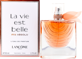 Lancôme La Vie Est Belle Iris Absolu: białe pudełko i bursztynowa butelka z różową kokardą, widok z przodu.