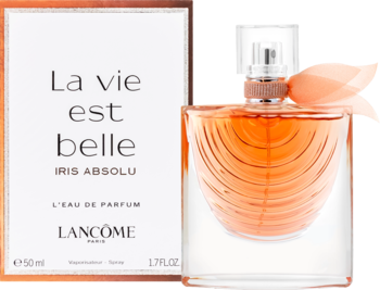 Lancôme La vie est belle Iris Absolu EDP, bursztynowa butelka z kokardką i białe opakowanie z brzoskwiniowym akcentem.