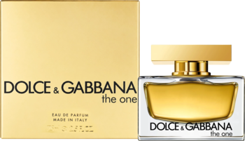 Dolce & Gabbana The One woda perfumowana. Złote pudełko i szklana butelka z płynem, widok z przodu.