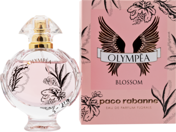 Paco Rabanne Olympéa Blossom EDP: butelka z różowym płynem i złota nakrętką, obok różowe pudełko z kwiatami.