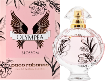 Paco Rabanne Olympéa Blossom EDP, różowe pudełko ze skrzydłami i okrągła butelka w kwiaty, widok z przodu.