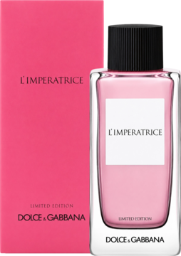 Dolce & Gabbana L'Imperatrice Limited Edition, kwiatowo-owocowa woda toaletowa w różowej butelce obok pudełka.