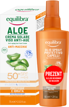 EQUILIBRA Aloe ,zestaw kosmetyków przecisłonecznych: krem do twarzy SPF50+ i olejek do włosów,kompozycja-2