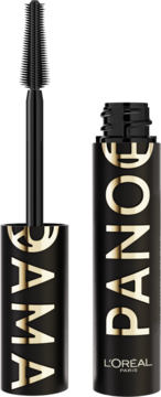 Pionowe ujęcie otwartej czarnej maskary L'Oréal Paris Panorama z silikonową szczoteczką, złote napisy.