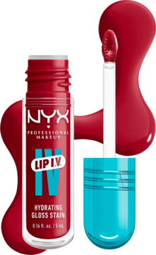 NYX Lip I.V. Hydrating Gloss Stain Red-y.Set.Wet!, otwarta butelka z aplikatorem na tle rozlanego produktu.