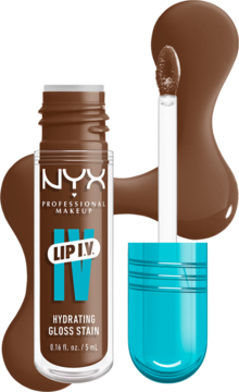 NYX Lip I.V. Hydrating Gloss Stain Splash N Spice, brązowy. Otwarta butelka z aplikatorem i rozlaną treścią.