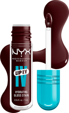 Błyszczyk NYX Lip I.V. Hydrating Gloss Stain "Water 'bout Wine?" z aplikatorem i otwartą turkusową nakrętką.