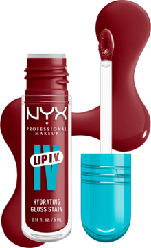 Otwarty błyszczyk NYX Lip I.V. Hydrating Gloss Stain w kolorze Cranberry z aplikatorem i wylanym produktem.
