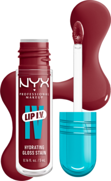 NYX Lip I.V. Hydrating Gloss Stain, głęboki czerwony błyszczyk, otwarta butelka z kapiącym aplikatorem.