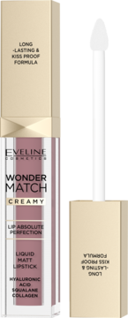 Eveline Wonder Match Creamy, długotrwała pomadka matowa wysunięta z beżowego pudełka z napisem kiss-proof.
