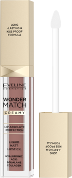 Eveline Wonder Match Creamy Milky Nude, trwała matowa pomadka w płynie z kwasem hialuronowym w beżowym pudełku.