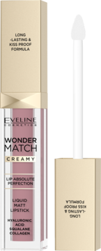 Eveline Wonder Match matowa pomadka płynna Sweet Pink, w otwartym beżowym opakowaniu, widoczny skład.