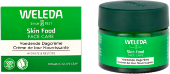 Weleda Skin Food odżywczy krem na dzień do twarzy, zielony słoiczek i pudełko, widok z przodu.