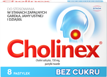 Front opakowania Cholinex, 8 pastylek bez cukru na ból i stan zapalny gardła, biało-niebieskie, z grafiką.