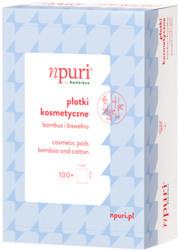 npuri płatki kosmetyczne bambus i bawełna, 100 sztuk, do demakijażu, białe pudełko z błękitnym wzorem.