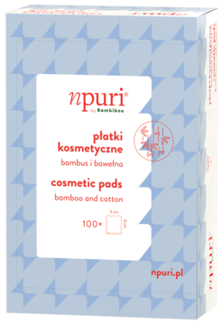 Front of npuri by Bambiboo płatki kosmetyczne z bambusa i bawełny, białe pudełko, 100 szt., do demakijażu.