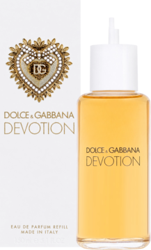 Dolce & Gabbana Devotion: białe pudełko z ozdobnym sercem i butelka zapasu perfum z bursztynowym płynem.