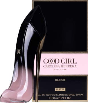 Carolina Herrera Good Girl Blush Elixir, flakon perfum w kształcie różowo-czarnej szpilki z logo CH, obok czarnego pudełka.