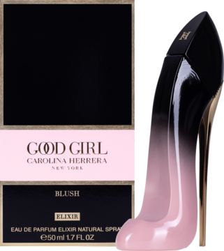 Carolina Herrera Good Girl Blush Elixir EDP 50ml. Czarny flakon-szpilka z różowym gradientem i złoty obcas, obok pudełka.