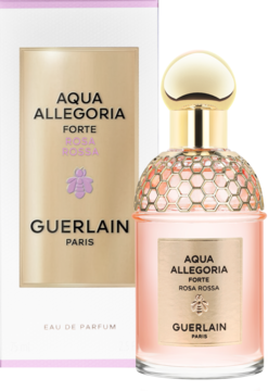 Guerlain Aqua Allegoria Forte Rosa Rossa EDP, różowy flakon z korkiem w plaster miodu i złote pudełko.