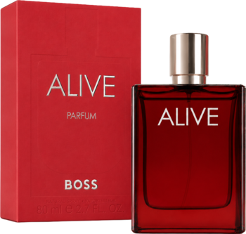 Boss Alive Parfum w czerwonym, matowym pudełku i szklanej butelce, widok z przodu, złote detale.