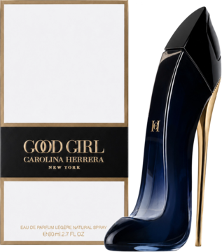 Perfumy Good Girl Legere Carolina Herrera: czarna butelka-szpilka ze złotym obcasem obok białego pudełka.