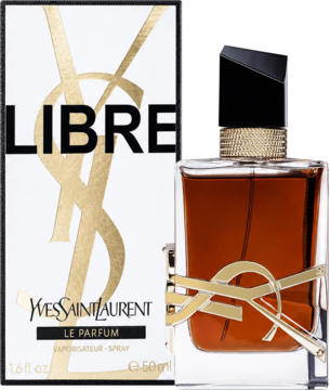 YSL Libre Le Parfum, butelka 50ml z bursztynowym płynem i złotym logo, widok pod kątem obok białego pudełka.