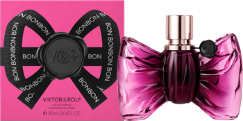 Viktor&Rolf Bonbon EDP: zestaw. Różowe pudełko z czarną kokardą "BONBON" i flakon w kształcie kokardy.