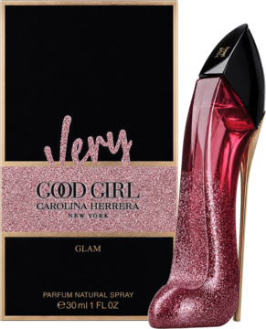 Very Good Girl Glam Carolina Herrera perfumy w butelce-szpilce, różowy brokat, obok czarne pudełko z brokatem.