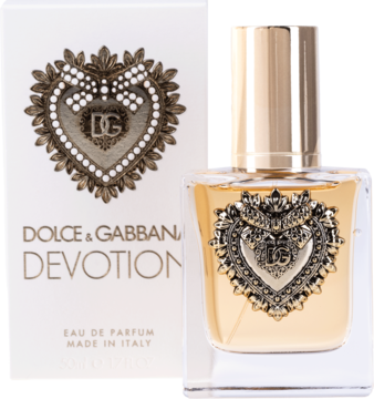 Perfumy Dolce & Gabbana Devotion, złoty flakon z ozdobnym sercem DG i białe pudełko, widok z przodu.