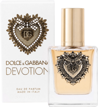 Dolce & Gabbana Devotion woda perfumowana w butelce ze złotym, perłowym sercem i białym pudełkiem, widok z przodu.