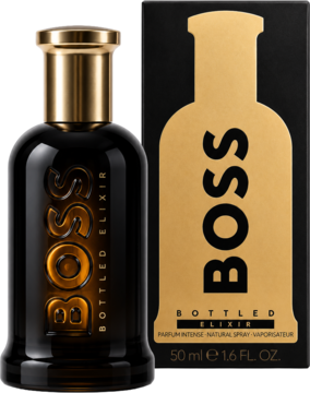 Boss Bottled Elixir: ciemna butelka perfum męskich ze złotym napisem i korkiem, obok czarne pudełko, widok z przodu.