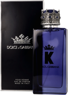 K by Dolce & Gabbana w fioletowej butelce z koroną, obok czarnego pudełka. Męska woda perfumowana.