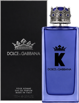 K by Dolce & Gabbana męska woda perfumowana, niebieska butelka z koroną i czarne pudełko, widok z przodu.