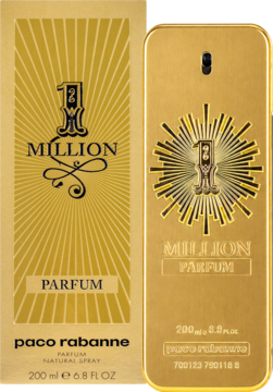 Złote męskie perfumy Paco Rabanne 1 Million Parfum 200ml, flakon w kształcie sztabki złota i pudełko obok.