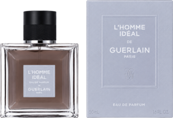 L'Homme Idéal Guerlain Eau de Parfum. Prostokątna butelka z ciemnym płynem i czarną nakrętką, obok szarego pudełka.