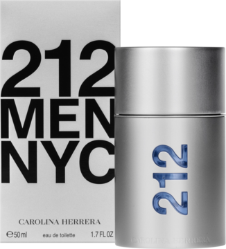 Woda toaletowa 212 Men NYC Carolina Herrera, srebrna butelka obok białego pudełka, widok z przodu.