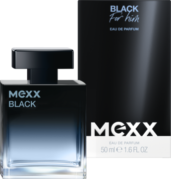 Mexx Black woda perfumowana męska 50ml, butelka z niebiesko-czarnym gradientem i czarne pudełko, widok z przodu.