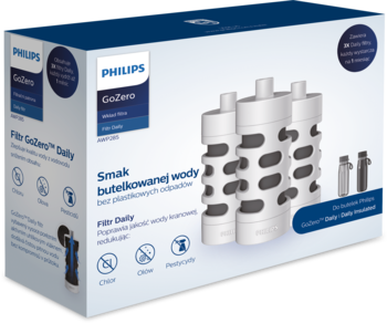 Opakowanie 3 filtrów Philips GoZero Daily, biało-niebieskie, z widocznymi wkładami z szarymi żebrami, pod kątem.