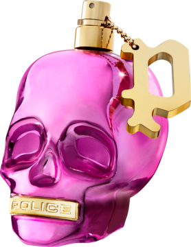 Flakon perfum Police #FreeToDare, metalicznie różowa czaszka ze złotym łańcuchem i napisem POLICE, z przodu.