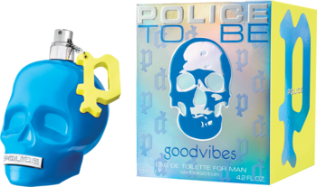 Police To Be Goodvibes woda toaletowa, niebieska butelka-czaszka i opakowanie z grafiką czaszki na holo tle.