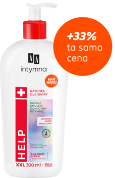 AA Intymna Help emulsja do higieny, biała butelka z pompką, widok z przodu, +33% produktu w tej samej cenie.