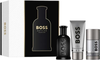 Męski zestaw Boss: czarne perfumy w flakonie, srebrny żel pod prysznic i dezodorant, obok białego pudełka.